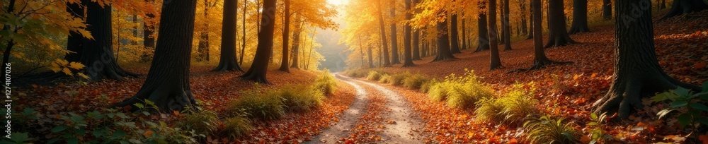 Obraz premium A winding path leads through a tapestry of fall colors, sunlit forest floor, forest trail,