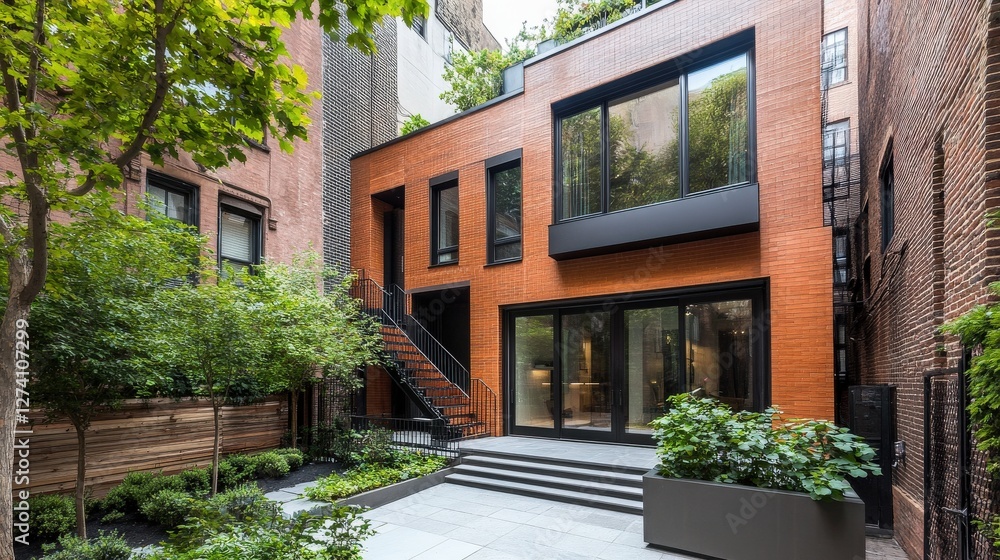 Fototapeta premium Modern urban brick house with large windows and lush greenery in a city setting