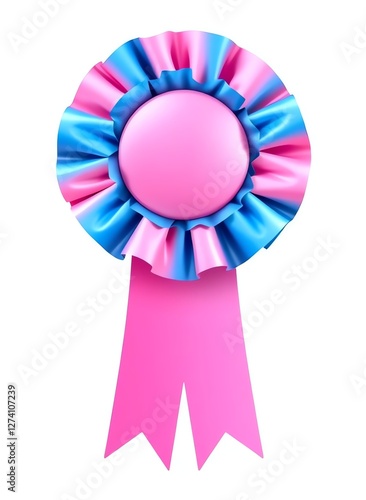 an image of a pink and blue rosette ribbon with a pink center, there is a pink and blue rosette ribbon with a pink center photo