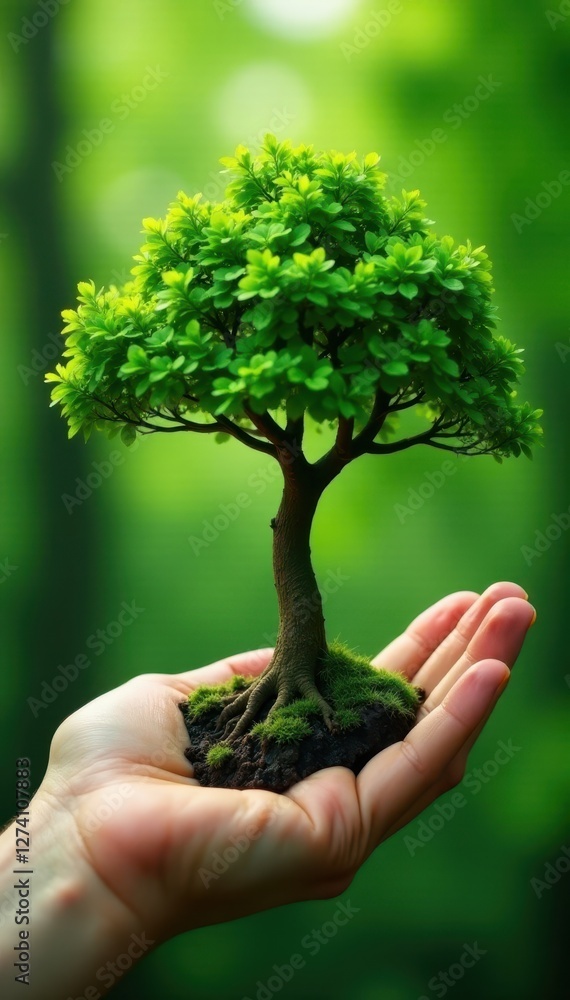 Giant tree sprouts from hand, vibrant green backdrop, growth, ecology Giant tree sprouts from hand, vibrant green backdrop, growth, ecology