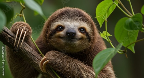 A sloth with a content smile, close up. Curved claws cling to a branch, and the mouth forms a natural upward curve. Leaves dangle nearby. photo