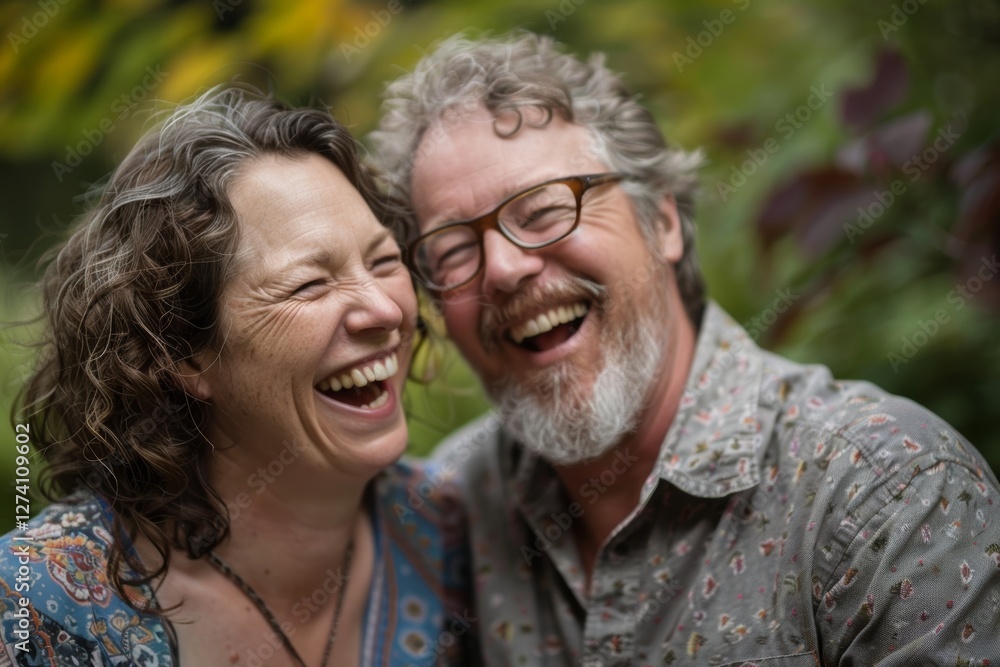 Portrait of a content caucasian couple in their 40s laughing Portrait of a content caucasian couple in their 40s laughing