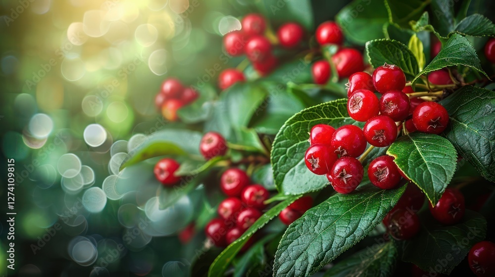 Fototapeta premium A close-up of vibrant red berries on lush green leaves, illuminated by soft light.