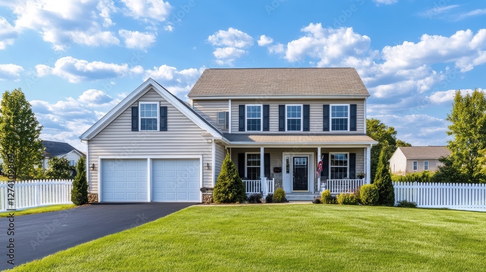 Charming suburban colonial house with double garage and manicured lawn on a sunny day Charming suburban colonial house with double garage and manicured lawn on a sunny day