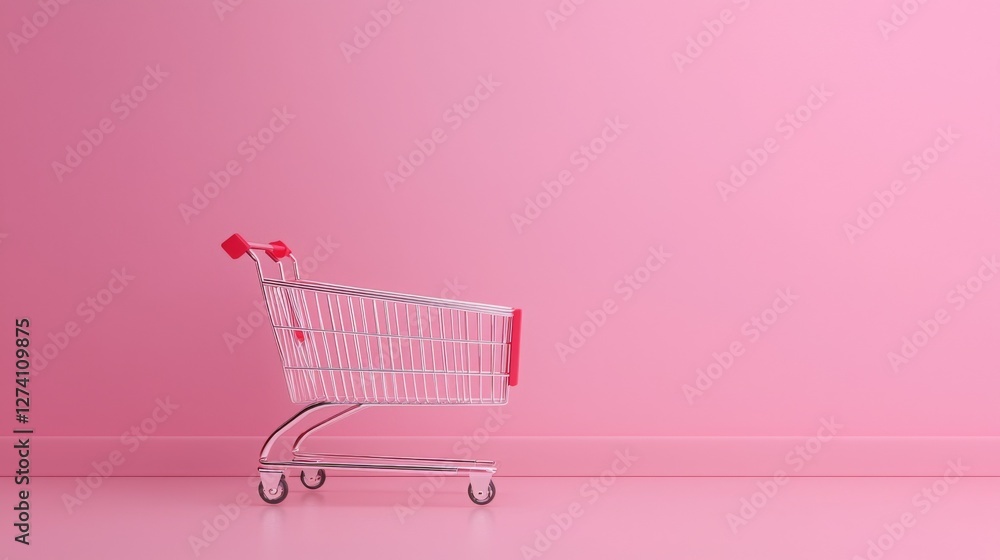 Modern trends drive e-commerce growth and boost sales. Shopping cart on a pink background for retail and e-commerce themes. Modern trends drive e-commerce growth and boost sales. Shopping cart on a pink background for retail and e-commerce themes.