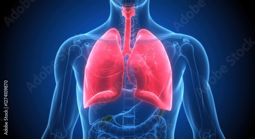 3D medical illustration of the human lungs airways, and bronchial tubes.