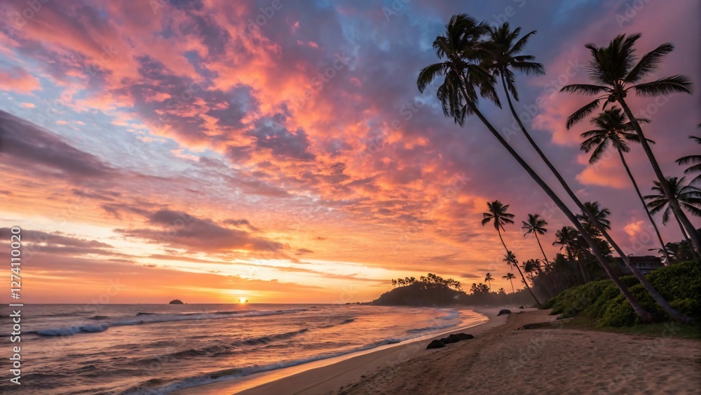 Fototapeta premium Stunning Tropical Beach Sunset with Palm Trees.