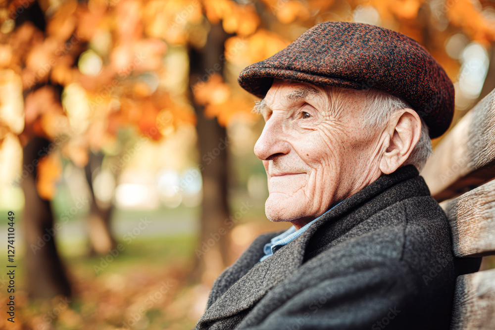 Elderly man enjoys autumn leaves park portrait peaceful atmosphere side view Elderly man enjoys autumn leaves park portrait peaceful atmosphere side view