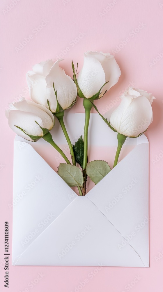 Fototapeta premium a white envelope with white roses on isolated background