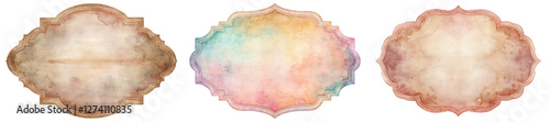 Vintage watercolor labels, soft pastel colors, decorative frames, rustic style, ideal for invitations, branding designs.