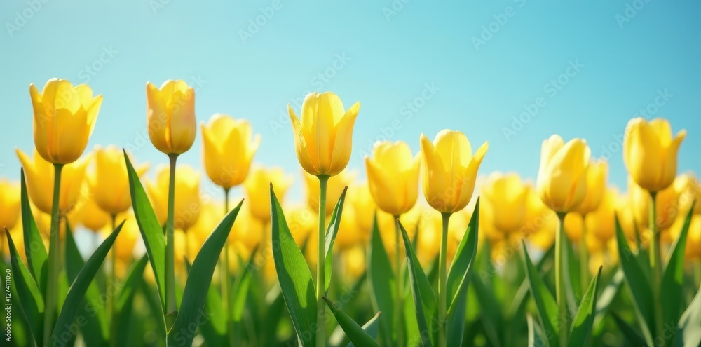 Obraz premium Striking yellow tulips in a neat line, sunny day , sunny, sun
