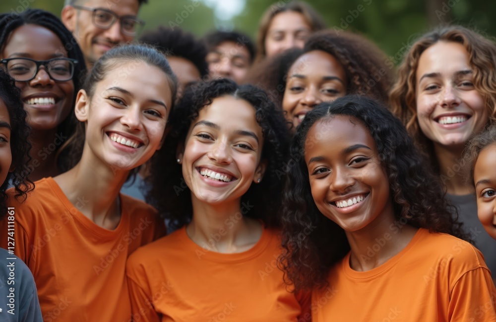 Diverse group of young cheerful people in orange t-shirts stand close together, smile, look into camera. Multi-ethnic team, positive friendly multiracial friends. Modern society concept, Diverse group of young cheerful people in orange t-shirts stand close together, smile, look into camera. Multi-ethnic team, positive friendly multiracial friends. Modern society concept,