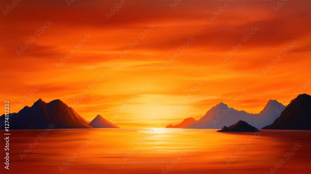 Fototapeta premium A stunning sunset over serene mountains and calm waters, showcasing vibrant hues of orange and yellow, reflecting tranquility and natural beauty in a picturesque setting.