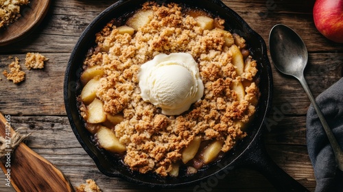 Apple Crisp in Cast Iron Skillet, Dessert, Wooden Table photo