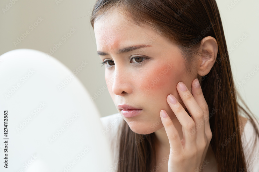 Dermatology, puberty asian young woman, girl looking into mirror, allergy presenting an allergic reaction from cosmetic, red spot or rash on face. Beauty care from skin problem by medical treatment Dermatology, puberty asian young woman, girl looking into mirror, allergy presenting an allergic reaction from cosmetic, red spot or rash on face. Beauty care from skin problem by medical treatment