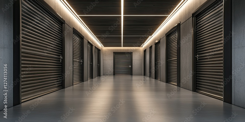 Obraz premium Indoor Storage Unit Hallway with Metal Doors and Modern Lighting Fixtures Design