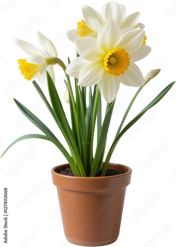 Blooming Daffodils in Terracotta Pot Spring Flowers Yellow and White Close up Blooming Daffodils in Terracotta Pot Spring Flowers Yellow and White Close up
