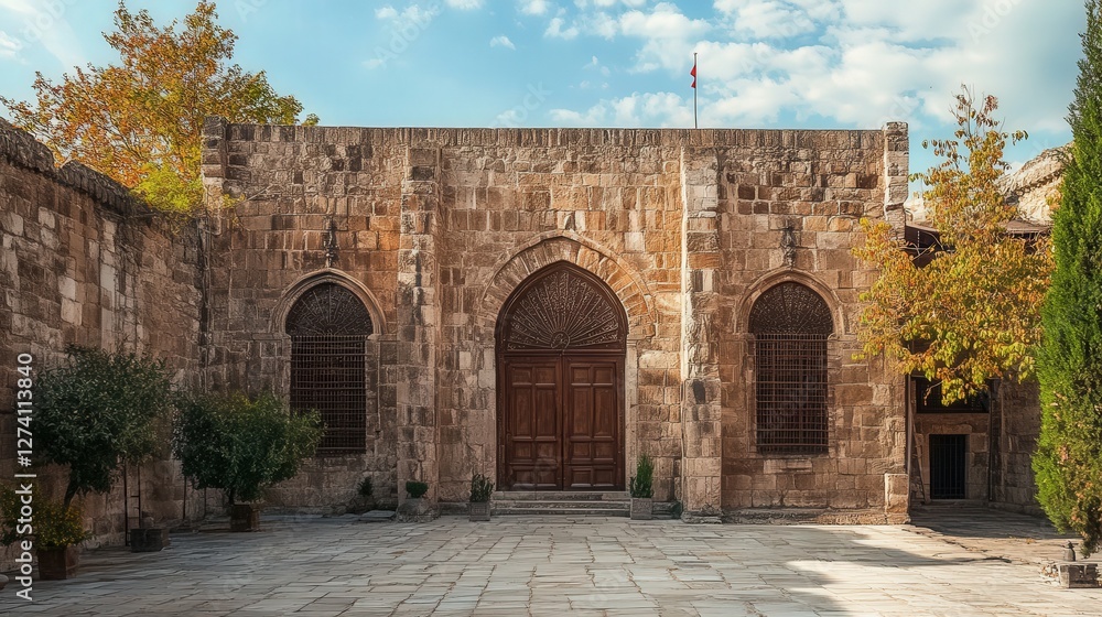 Konyas historical stone walls, adorned with unique windows and delicate carvings, perfectly capturing the charm Konyas historical stone walls, adorned with unique windows and delicate carvings, perfectly capturing the charm