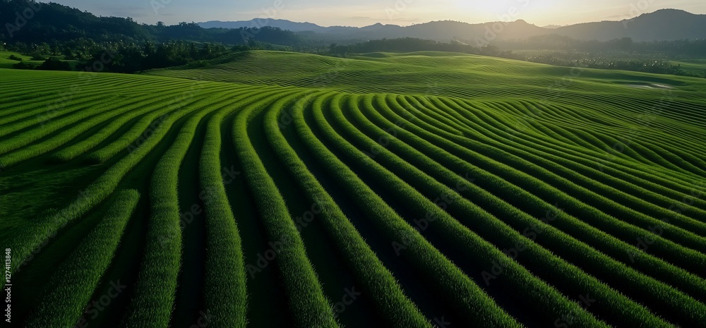 Fototapeta premium Lush green terraces of rice fields cascade down hillsides at sunrise