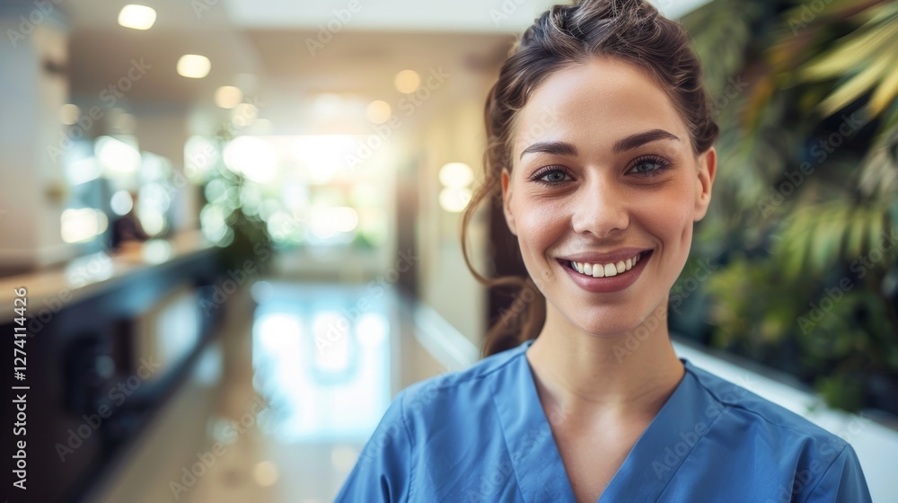A smiling nurse posing for a professional portrait within a modern office environment. A smiling nurse posing for a professional portrait within a modern office environment.