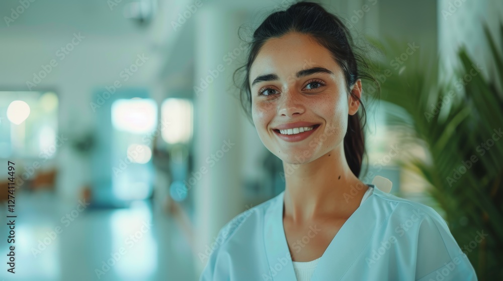 Fototapeta premium A woman stands confidently in a professional setting, dressed in a white lab coat.