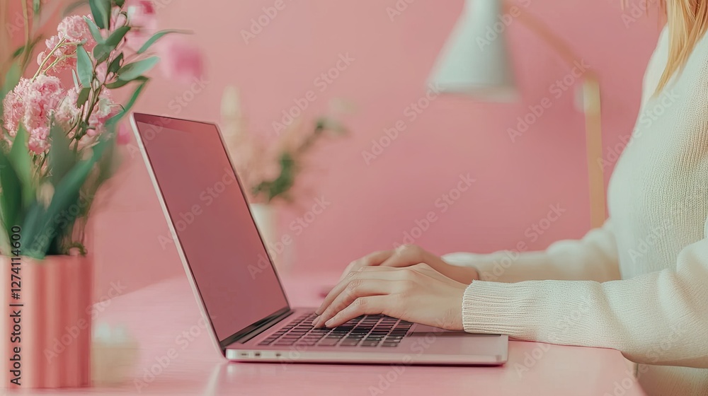 custom made wallpaper toronto digitalA Serene Workspace with a Touch of Pink and Fresh Flowers for Creativity and Inspiration