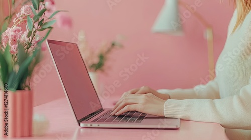 Wallpaper Mural A Serene Workspace with a Touch of Pink and Fresh Flowers for Creativity and Inspiration Torontodigital.ca