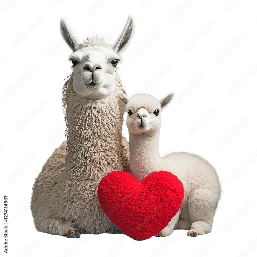 Obraz premium Mother’s Day Llamas Holding Red Heart, Transparent Background, Warm and Loving Family Bond