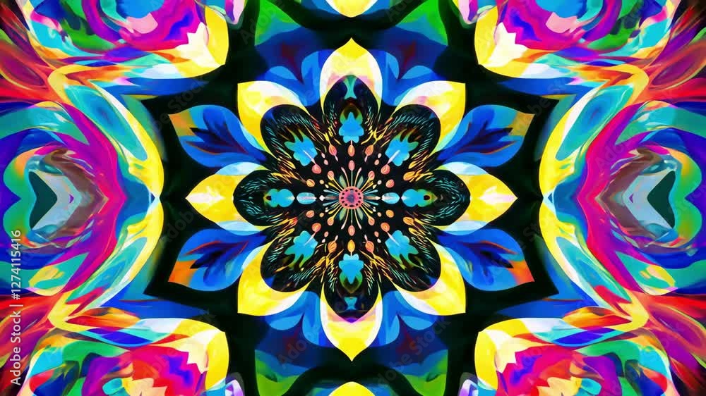 Vibrant kaleidoscopic patterns evolving in dynamic symmetry motion
