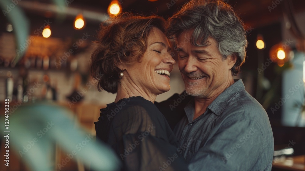 An older couple sharing an intimate moment indoors, smiling and close together. An older couple sharing an intimate moment indoors, smiling and close together.