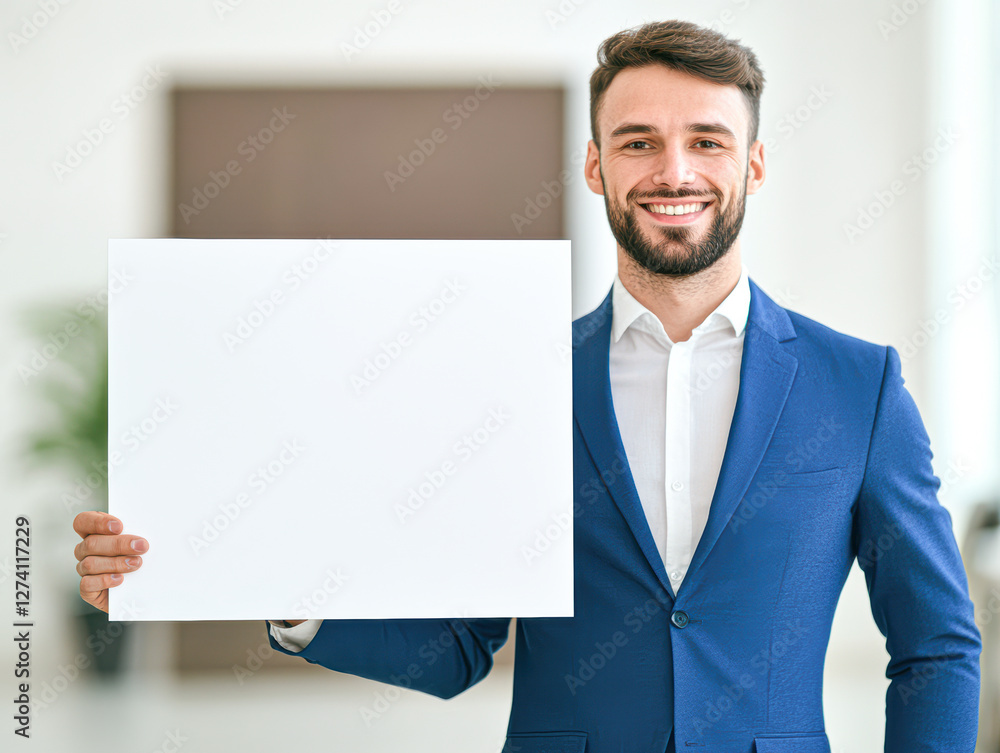 Office setting professional man poses with blank sign in bright light Office setting professional man poses with blank sign in bright light