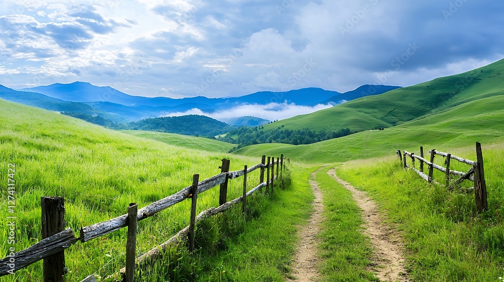 Scenic Rolling Green Hills Landscape with a Dirt Road and Wooden Fence Under Cloudy Sky Scenic Rolling Green Hills Landscape with a Dirt Road and Wooden Fence Under Cloudy Sky