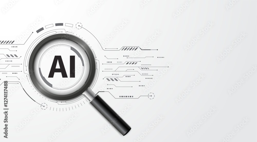 Concept of Artificial intelligence. AI search engines and analysis. Magnifying glass focus AI words on the circuit board. Modern futuristic design background. Vector illustration. Concept of Artificial intelligence. AI search engines and analysis. Magnifying glass focus AI words on the circuit board. Modern futuristic design background. Vector illustration.