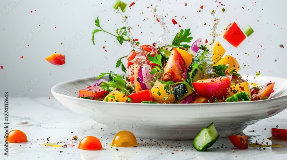 A vibrant salad with splashes of water and colorful ingredients on a marble surface. A vibrant salad with splashes of water and colorful ingredients on a marble surface.