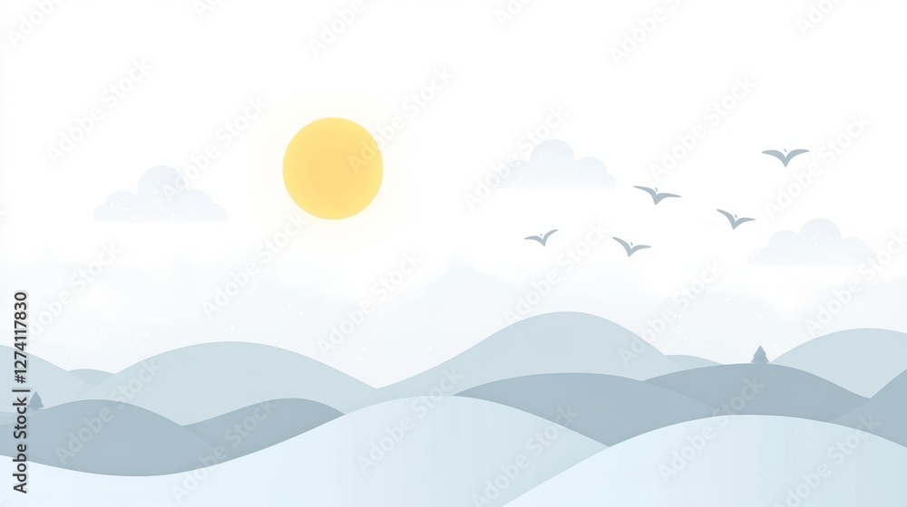 Serene Misty Mountain Landscape Under a Sunny Sky Serene Misty Mountain Landscape Under a Sunny Sky