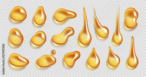 Oil drops set, isolated gold spheres of hydrophobic substance. Vector gasoline droplet. Realistic mockup of liquid drips of cosmetic or food, clear golden bubbles. Capsule of vitamin or lotion