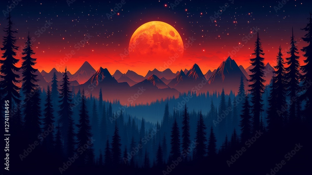 Majestic Blood Moon over Silhouetted Mountains and Forest Majestic Blood Moon over Silhouetted Mountains and Forest