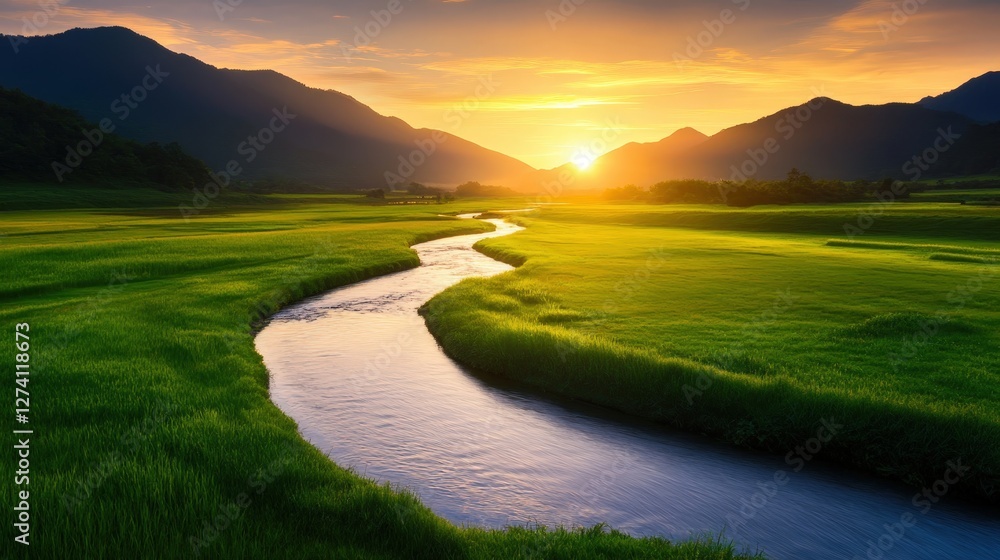 Fototapeta premium A beautiful sunrise over a serene river flowing through lush green fields, surrounded by majestic mountains. The tranquil scene captures the essence of nature's beauty and peace.