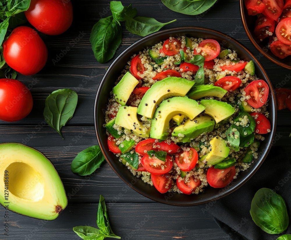Fresh quinoa salad with avocado, cherry tomatoes, and spinach on dark wooden table Fresh quinoa salad with avocado, cherry tomatoes, and spinach on dark wooden table