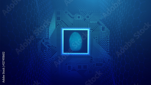 Futuristic biometric security, glowing fingerprint scanner in a digital microchip, surrounded by circuit board on blue background. Cybersecurity, data encryption, and identity verification technology.