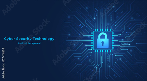 Concept of cyber security. The Padlock on the circuit motherboard and, futuristic blue background. Secure technology and Data protection. Vector illustration.