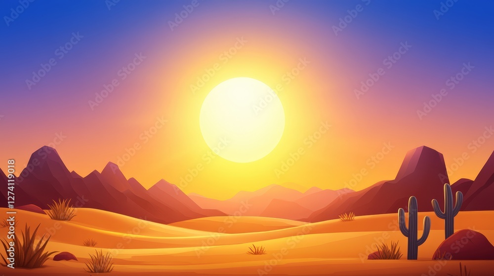 A vibrant sunset over a desert landscape, featuring rolling sand dunes and silhouetted cacti against a colorful sky. The warm hues of yellow and orange create a serene atmosphere. A vibrant sunset over a desert landscape, featuring rolling sand dunes and silhouetted cacti against a colorful sky. The warm hues of yellow and orange create a serene atmosphere.