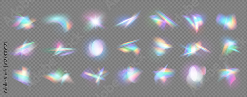 Vibrant and dynamic play of light, visually striking and radiant display elements. Vector realistic collection of optical lens flares emanating from central source. Rainbow leak effect