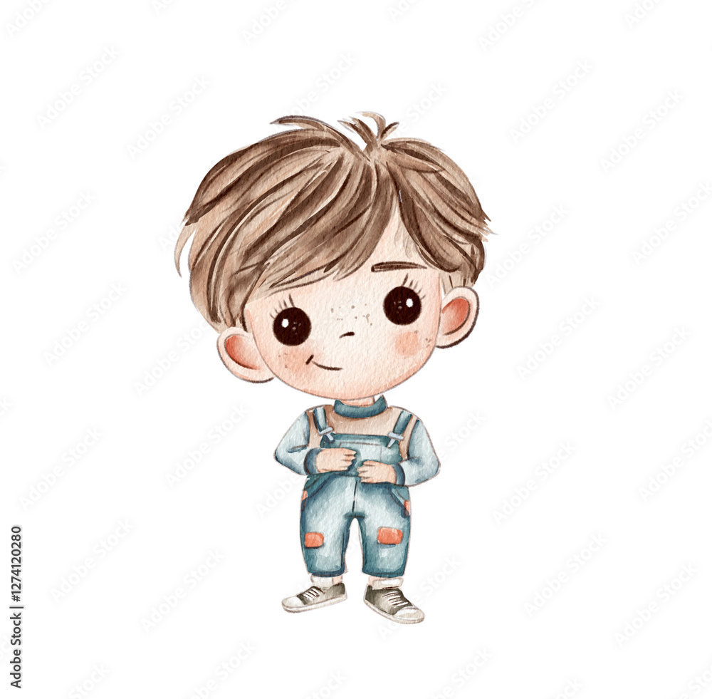 Cute hand drawn boy in overalls with a playful smile standing confidently Cute hand drawn boy in overalls with a playful smile standing confidently