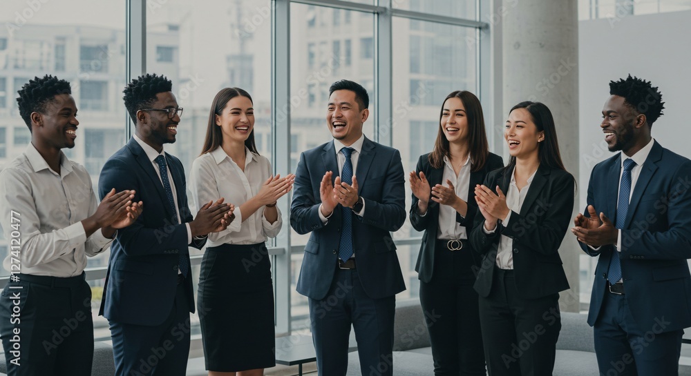 Diverse Business Team Celebrating Success with Applause in Modern Glass-Walled Office Environment Diverse Business Team Celebrating Success with Applause in Modern Glass-Walled Office Environment
