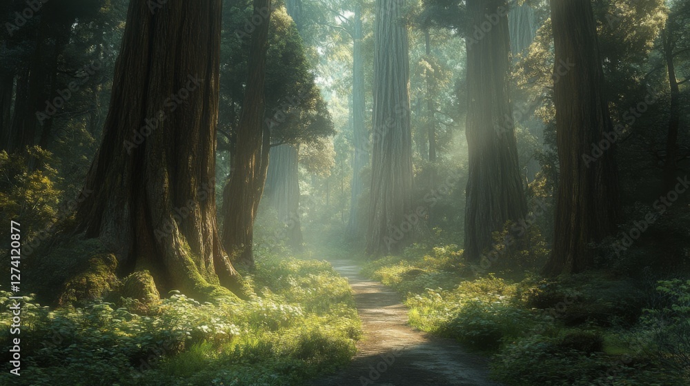 Obraz premium Redwood forest path, sunlight through trees, mystical atmosphere, natural beauty, tranquil landscape