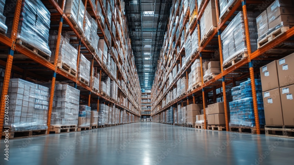 Fototapeta premium Immense Warehouse Interior: Rows of High Shelves Packed with Goods