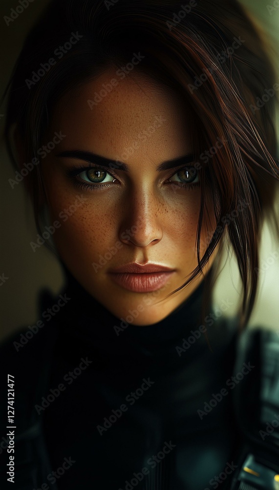 A striking portrait of a woman with intense green eyes and freckles in dramatic lighting A striking portrait of a woman with intense green eyes and freckles in dramatic lighting