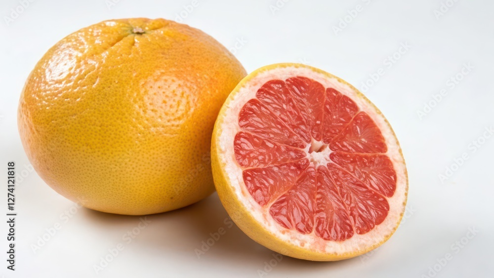 Grapefruit, Whole and Halved, Isolated on White Background Grapefruit, Whole and Halved, Isolated on White Background