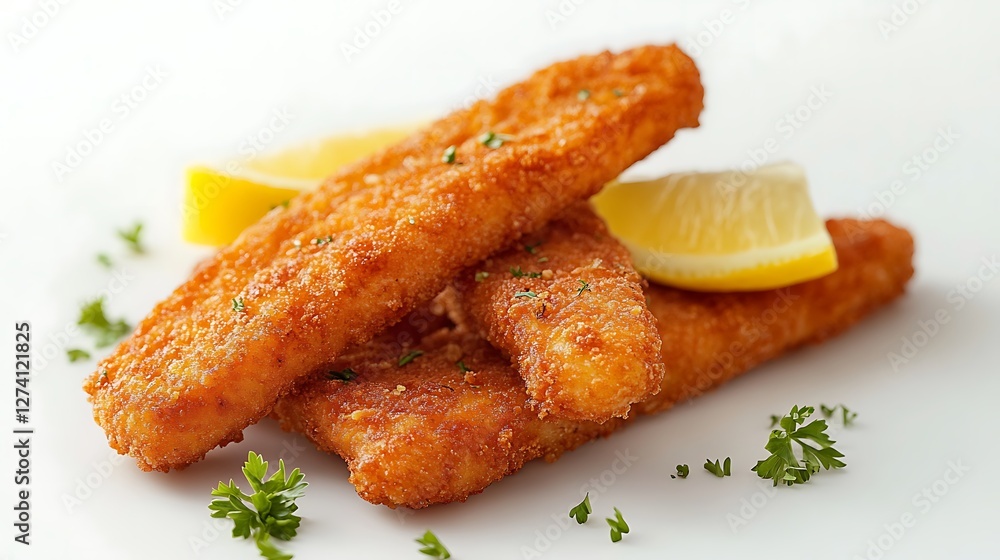 Crispy fish fingers, lemon, parsley. Food photography Crispy fish fingers, lemon, parsley. Food photography